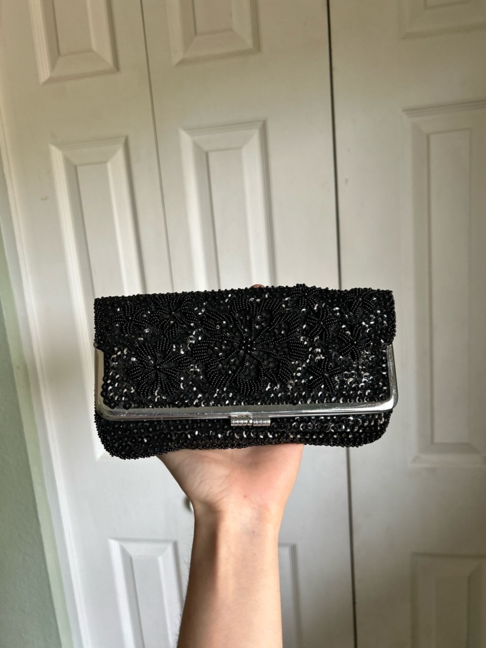Black Beaded Evening Clutch with Silver Frame